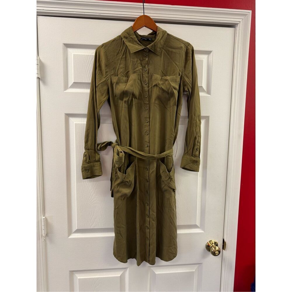 Universal Standard Military Green Belted Button Up Cupro Shirt Dress sz 2XS EUC